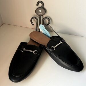 NWT Ardene black mules clog shoes flats with silver tone bar detailing